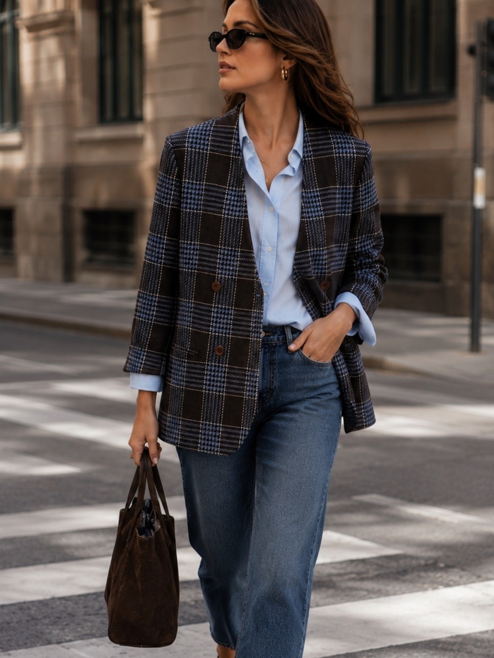 Vintage Rena Rowan Plaid Wool Blazer Jacket Brown Blue Size 14 Career Academia